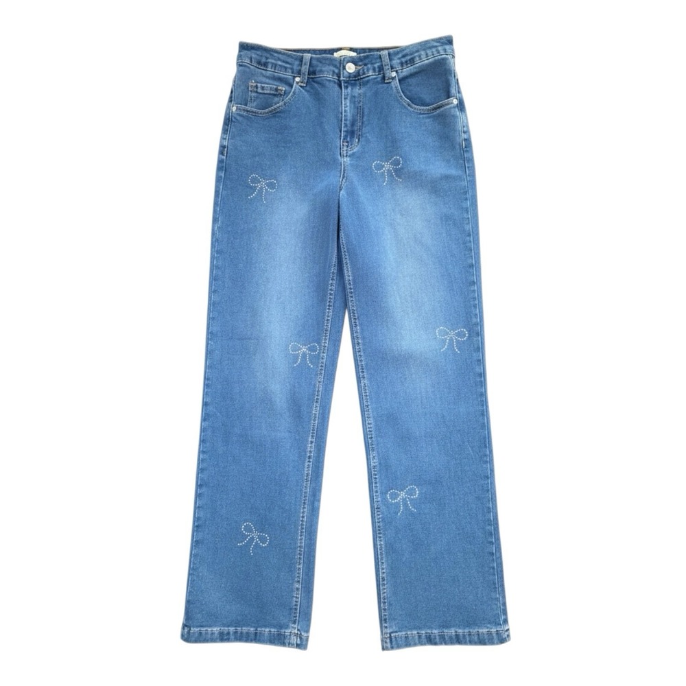 Y2K Inspired Coquette Wide Leg Jeans Women's Small Rhinestone Bow No Comment